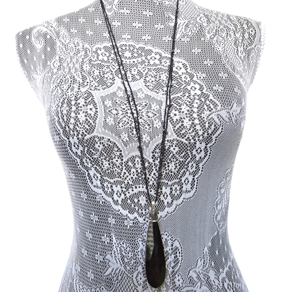 NWT Elegant Long Sparkly Beaded Black Statement Double Strand Pendant Necklace